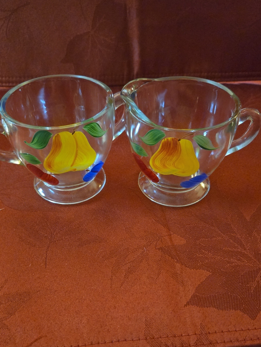 Barrett- Collins Hand-Painted Yellow Pear Glass Creamer and Sugar Set